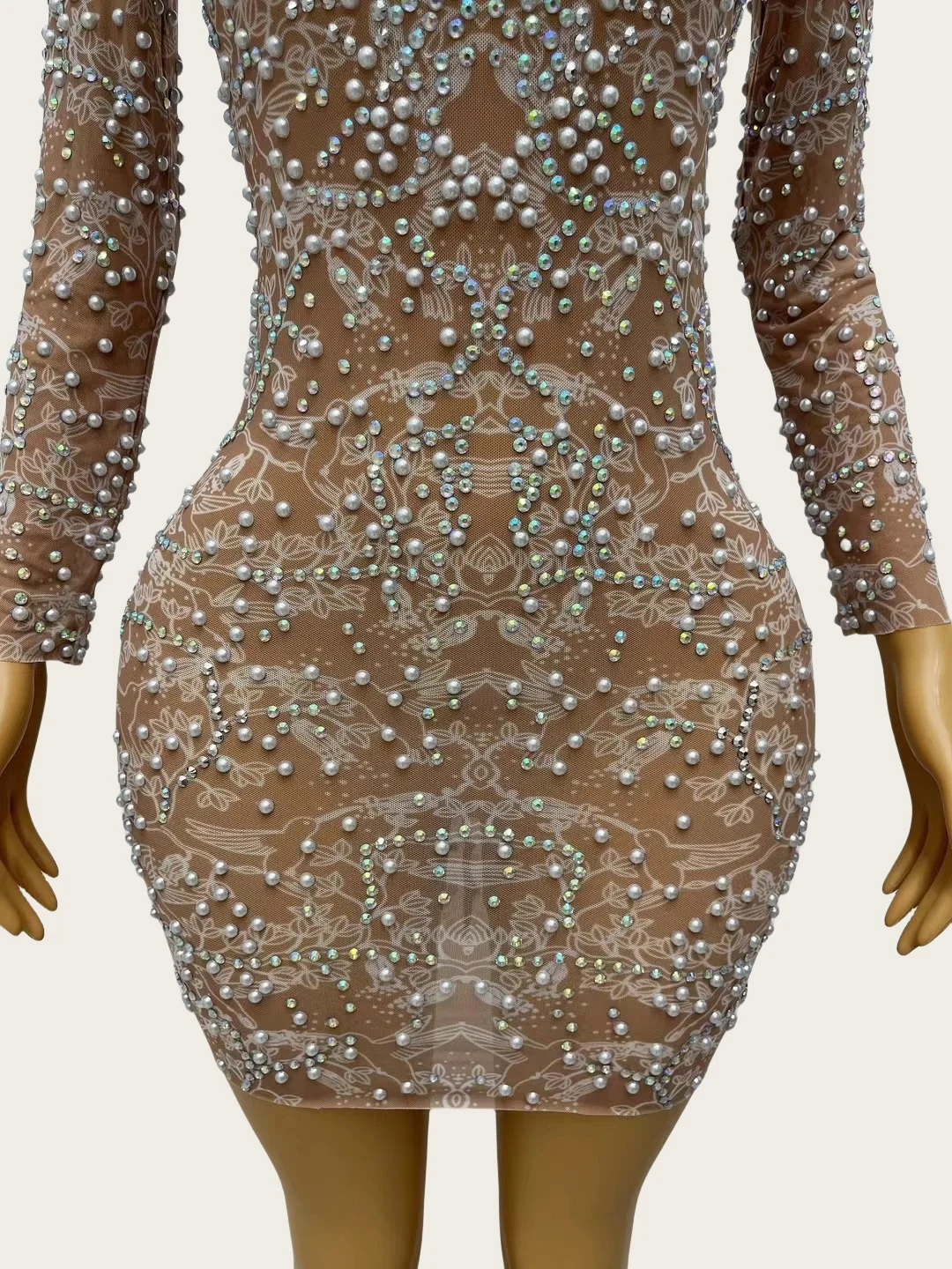 Tenghuafeiniao Krótka Sukienka z Błyszczącymi Cyrkoniami i Perłami na Festiwal, Imprezę, Siateczkowa Sukienka Wieczorowa, Seksowna Sukienka na Bal Maturalny, Couture