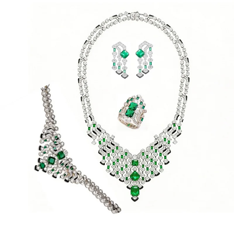 Luxury Style Women Lady Necklace Bracelet Earrings Ring Inlay Cubic Zircon Synthetic Emerald Red Corundum Party Jewelry Sets