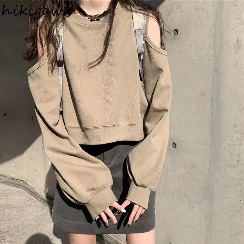 Cotton Off Shoulder Hoodies for Women Loose Long Sleeve Crop Tops Solid Color Hollow Out Sweatshirts Fashion Casual Y2k Clothes