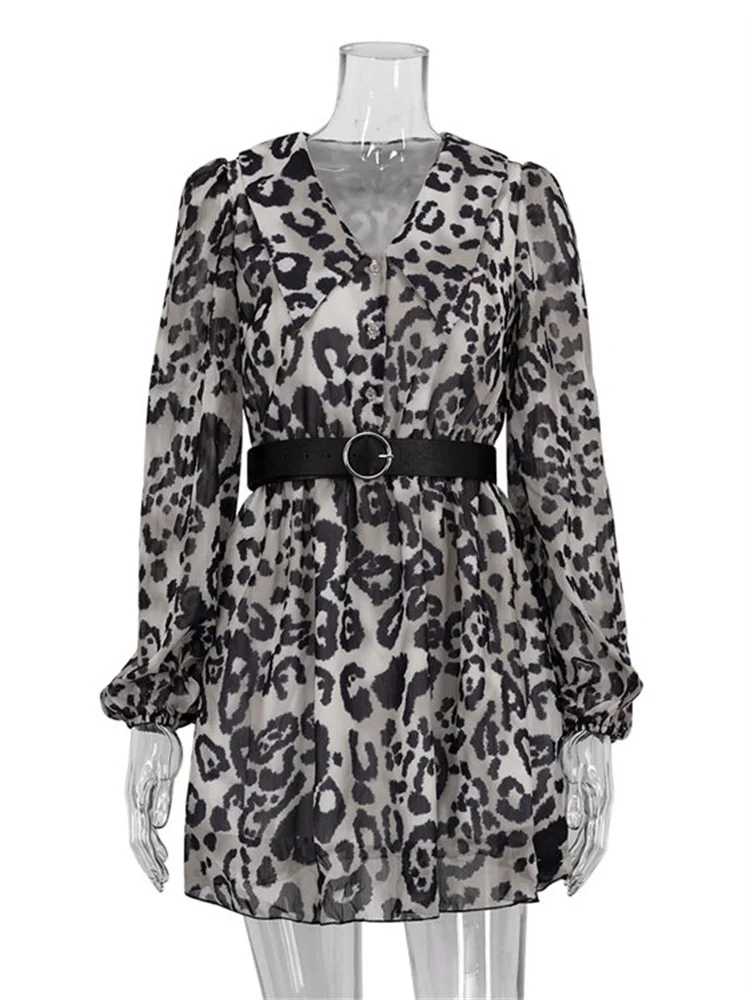 Mini vestido feminino com decote em v estampado, manga comprida em camadas, vestido casual de rua alta, vestido de chiffon verão, moda