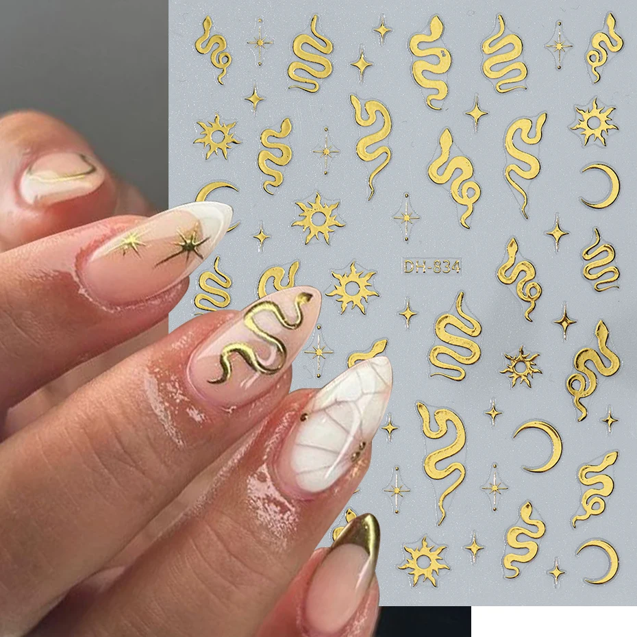 4 stks Y2K Zwarte Slang Nagelstickers 3D Goud Bronzing Zilver Witte Slang DIY Sliders Glanzende Maan Zon Kruis Sterrenlicht Manicure Decal