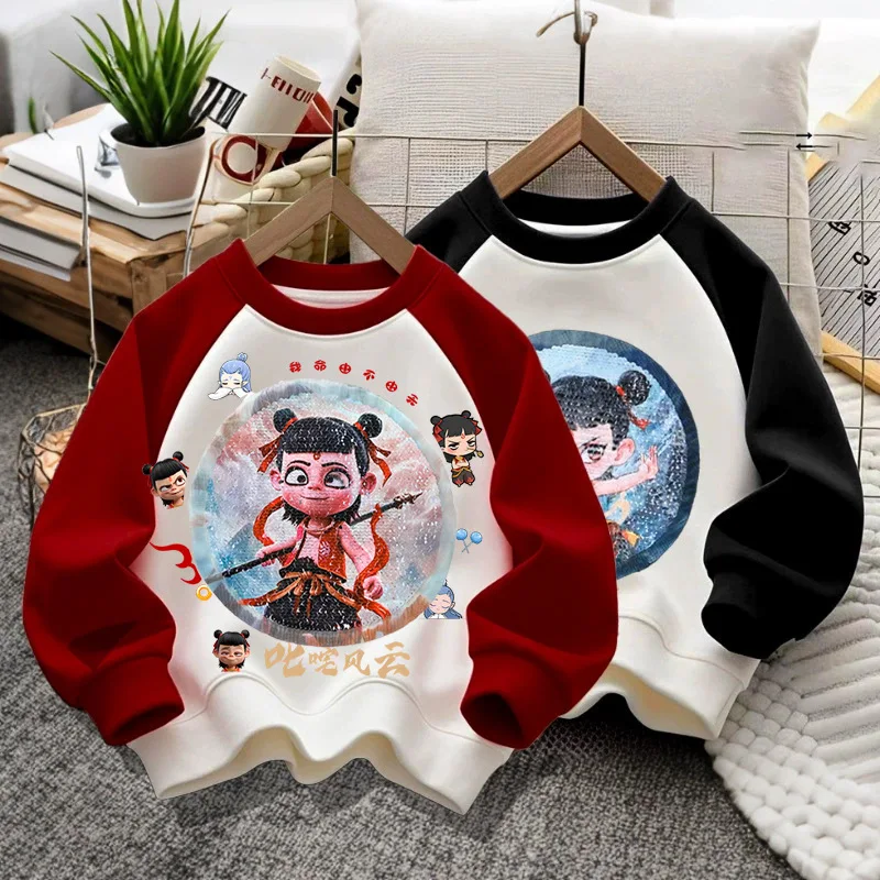 Nezha Spring and Autumn cartoon sequins boy hoodie children change color top children's clothing variable figure boys clothes