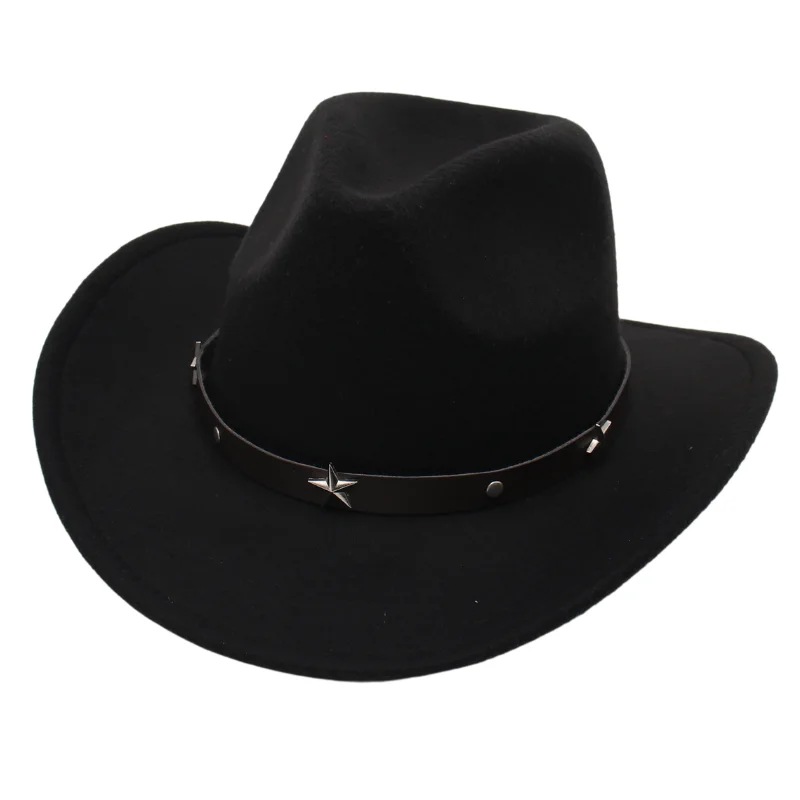 Jazz Black Western Cowboy Hat Men Travel Curved Brim Country Cowgirl Hat Women Wool Retro Pentagram Knight Felt Hats Wholesale