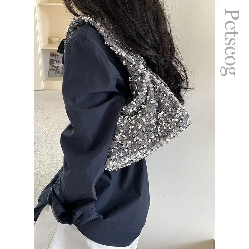 Sequin Pleated Party Handbags For Women 2023 Designer Luxury Underarm Hobo Soft Purses Y2k Dinner Prom Shoulder Bags