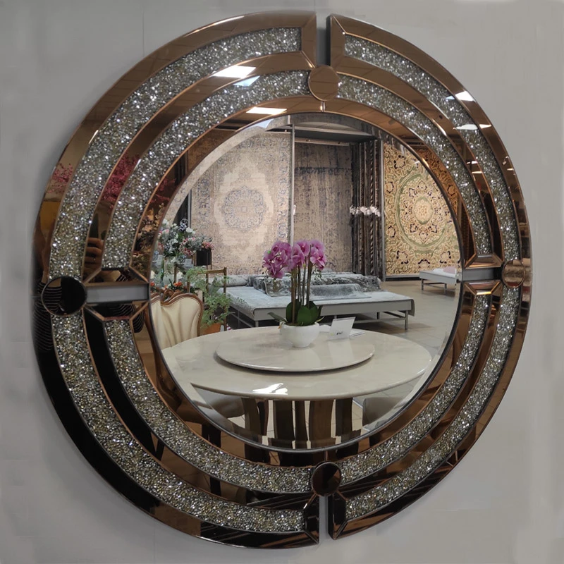 for WXM-1130 Wall Decora Silver Round Crushed Diamond Brown Wall Hanging Mirror