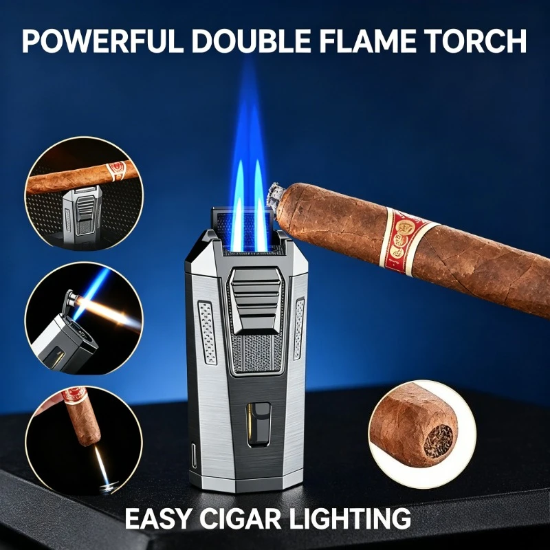 High-End Metal Inflatable Cigar Lighter, Dual Direct Fire Windproof Design Durable Multifunctional Smoking Gift for Men