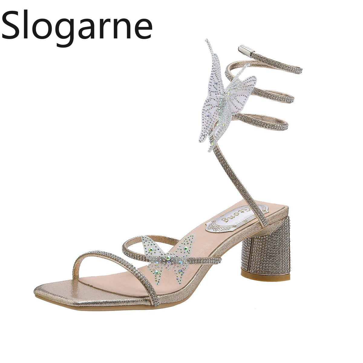 Sandalias de lujo para mujer, zapatos de tacón alto con diseño de serpiente y diamantes de imitación dorados con cabeza cuadrada de cristal, zapatos de fiesta de boda, zapatos de tacón coreanos, verano 2025