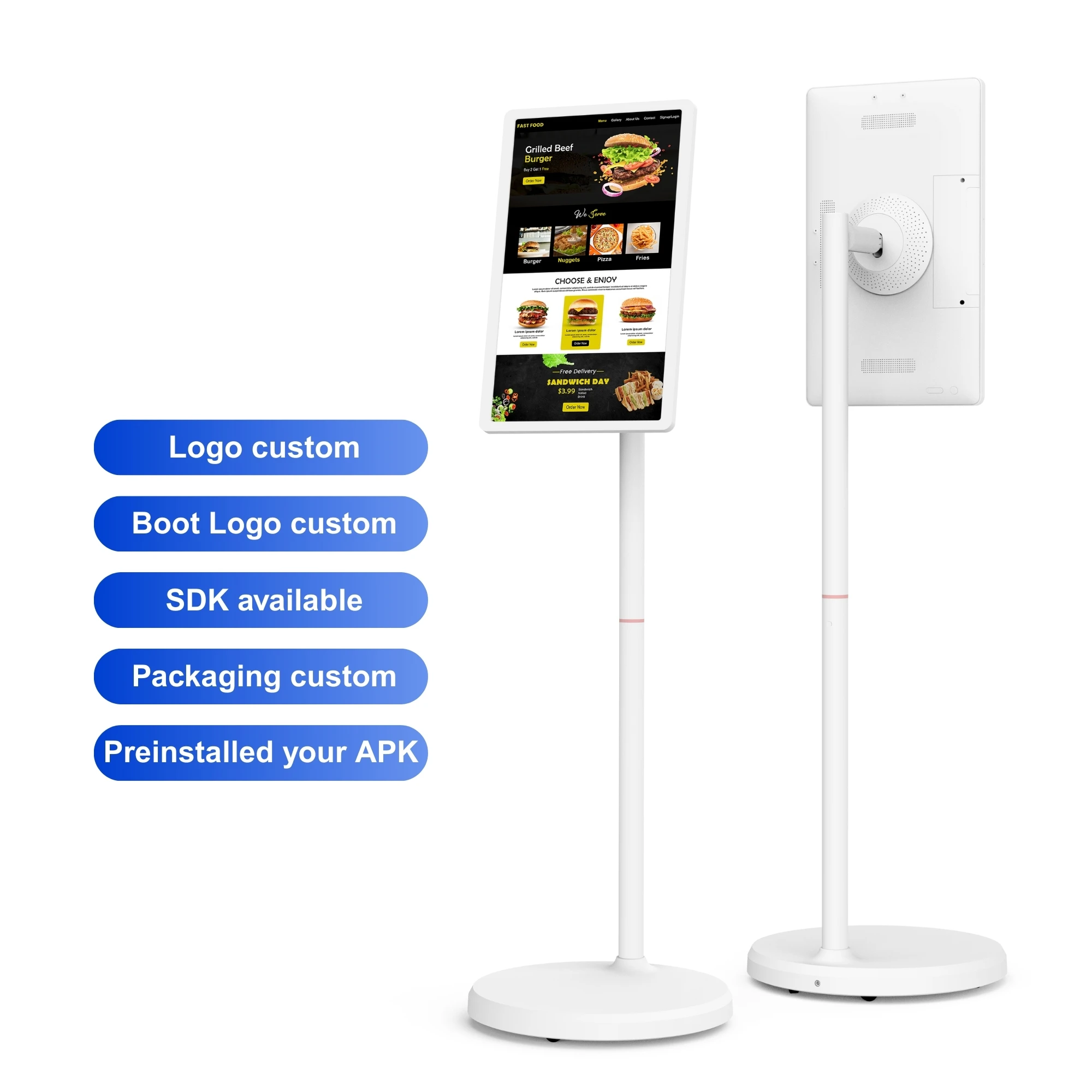 

24-дюймовый портативный смарт-экран Android 13 с WIFI 8 + 128 ГБ RK3588S2, вращающаяся функция, цифровой дисплей для меню ресторана