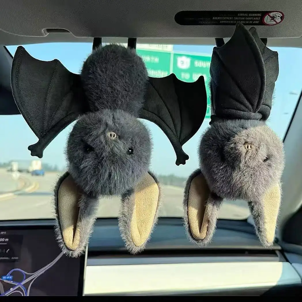 Fluffy Bat Plush Toy Hanging Ornament Soft Stuffed Bat Doll for Car Rearview Mirror Sun Visor Pendant Halloween Home Decor Gift