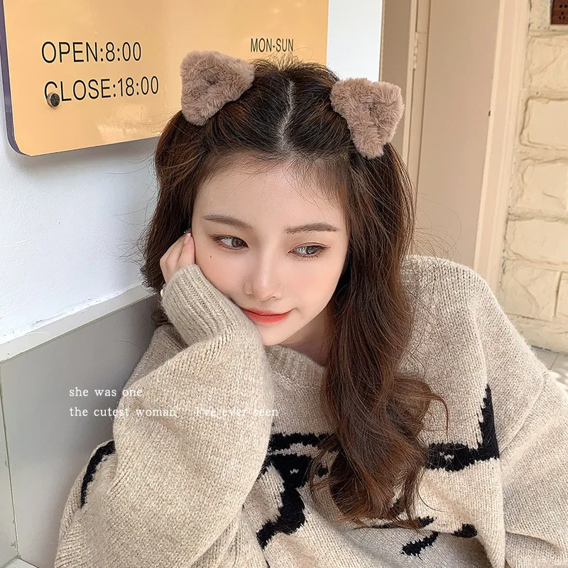 2PCS Woman Girls Lovely Fluffy Hairpins Sets Cat Ear Lamb Plush Hair Clips Animal Hairgrip Barrettes Headwear Hair Accessories