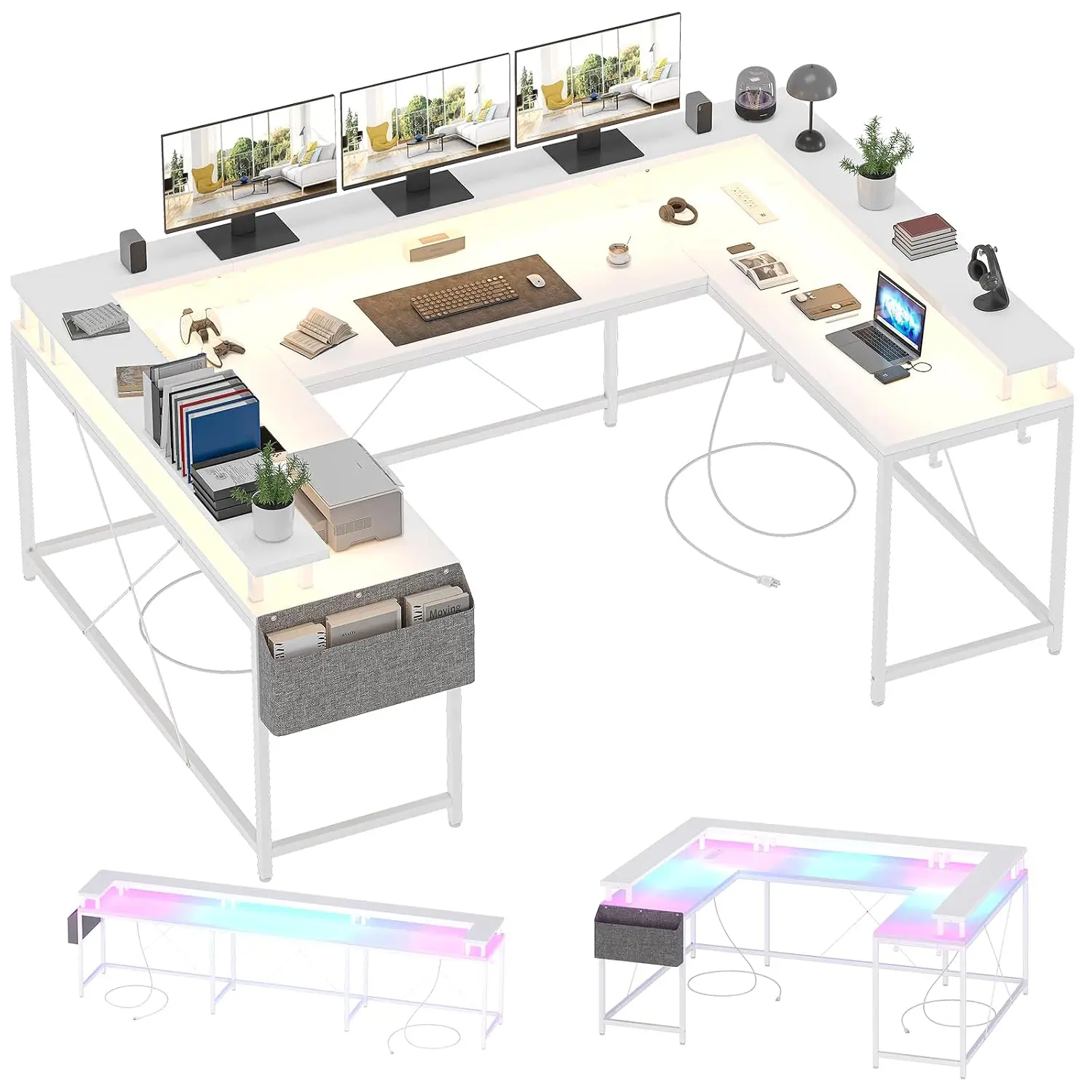 U Shaped Gaming Desk With Power Outlets, 126 Inch Reversible Desk With Monitor Stand, LED Lights, Storage, Customized