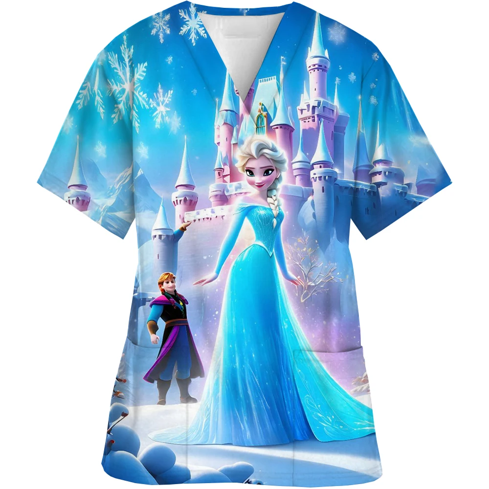 Disney Princess Print nurse uniform dental clinic V-neck surgical gown Snow White pet hospital work clothes women's short-sleeve