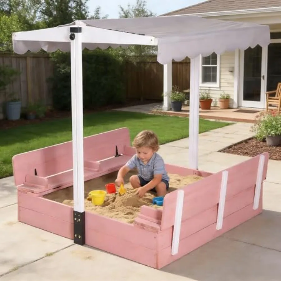 

Outdoor wooden sandbox for kids with adjustable canopy natural wood color foldable seats and lid for easy storage and sun prote