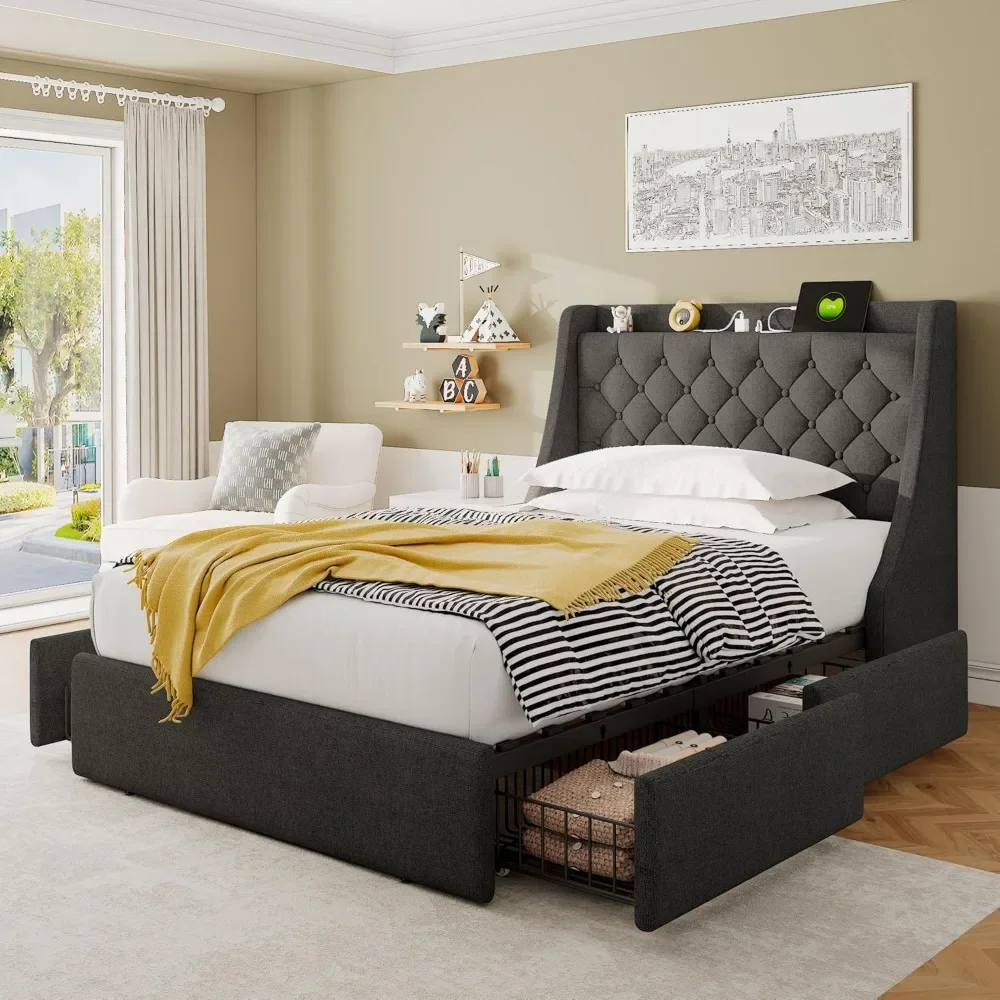 Twin Bed Frame with 4 Storage Drawers,Upholstered Platform Bed Frame with Type-C & USB Ports,No Box Spring Needed,Dark Gray