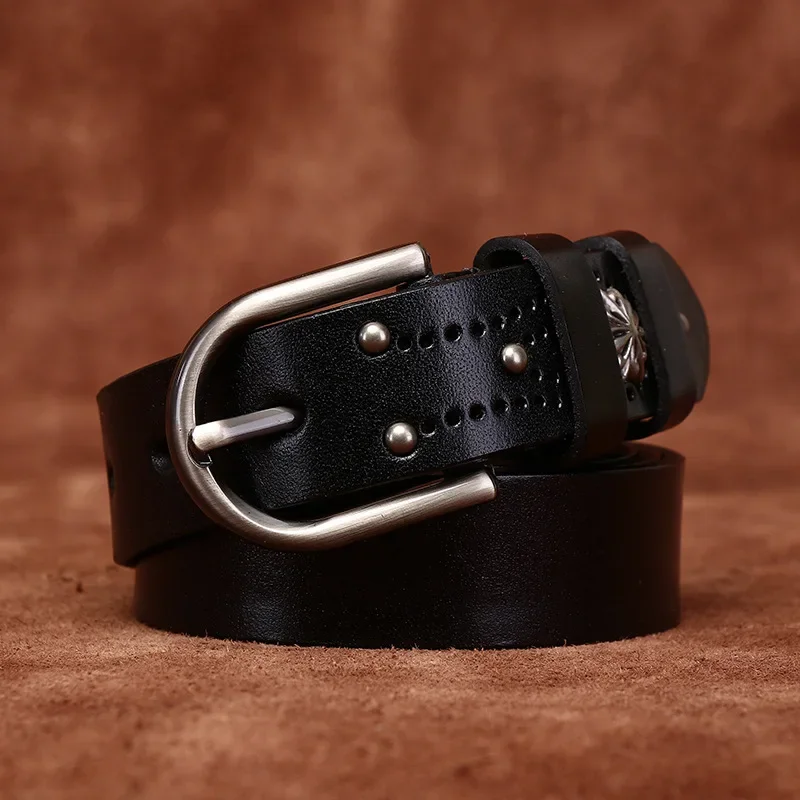 2.8CM Cowhide Genuine Leather Belts for Women Pin Buckle Jeans Waist Belt Black  Commuter Female Belt Ceinture Homme