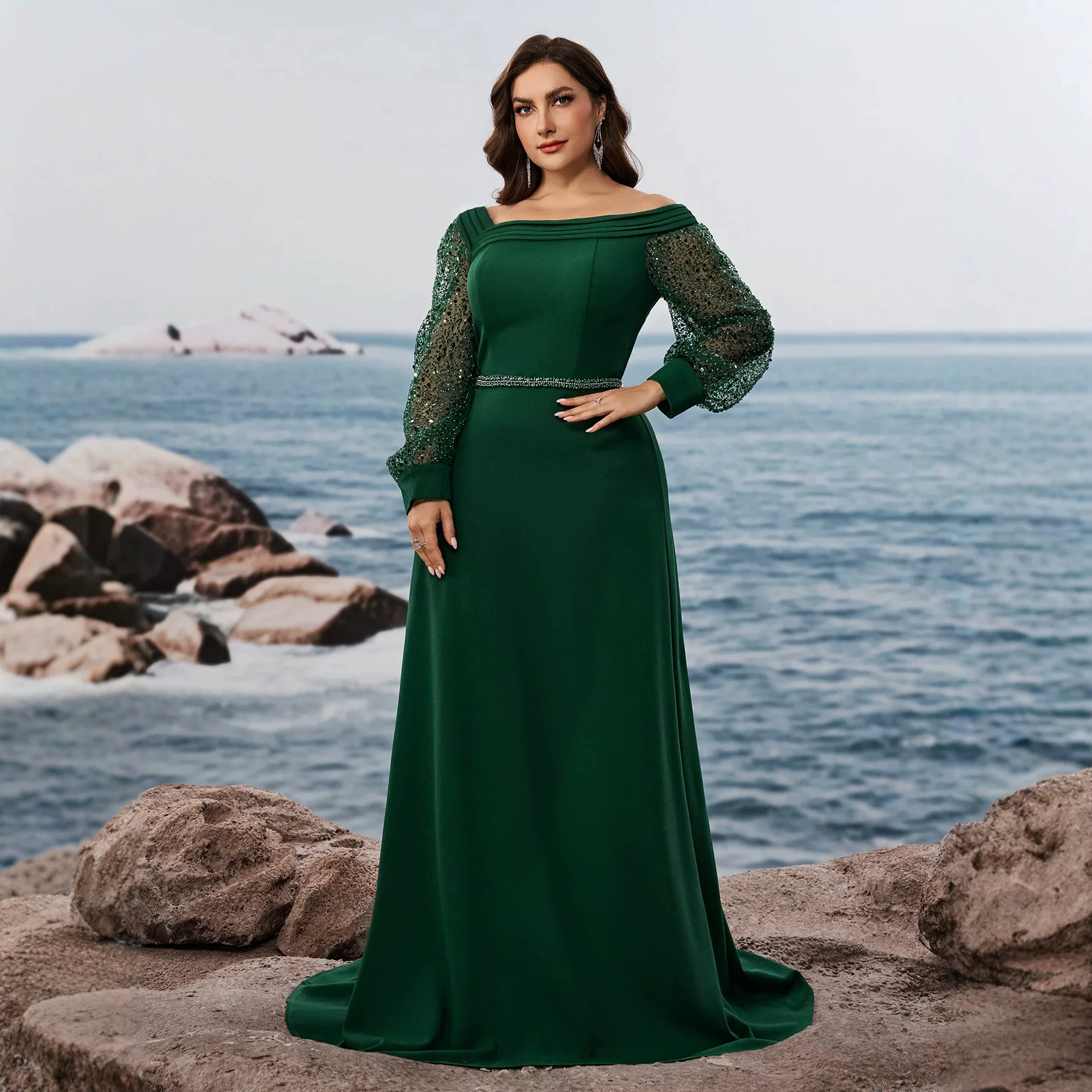 Picture 3: Off Shoulder Sequin Mesh Lantern Sleeve Plus Size Mermaid Gown Emerald Green Rhinestone Waistband Floor Length Prom Dress