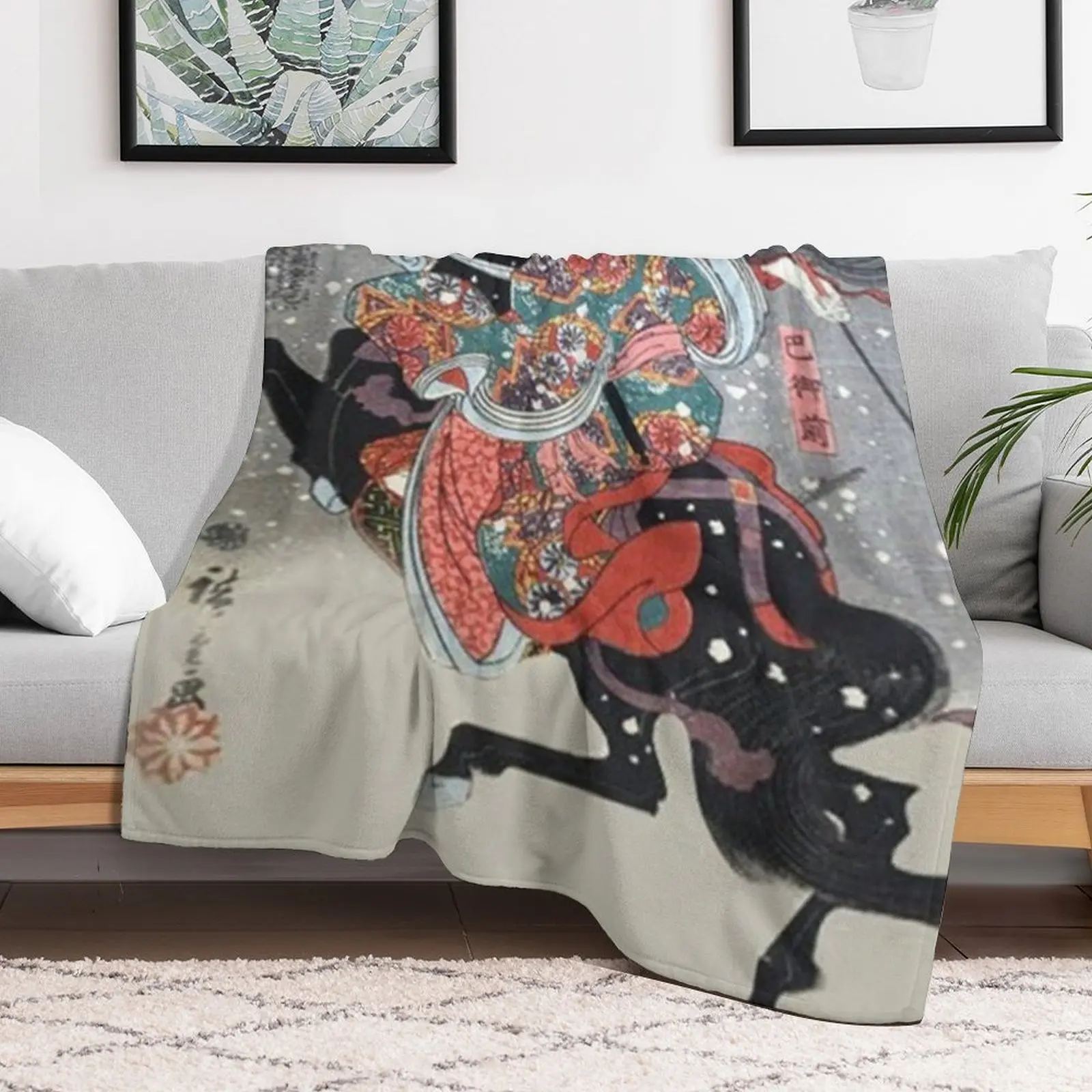 Japanese ukiyo-e woodblock print of the great female samurai, Tomoe Gozen by Utagawa Hiroshige Throw Blanket