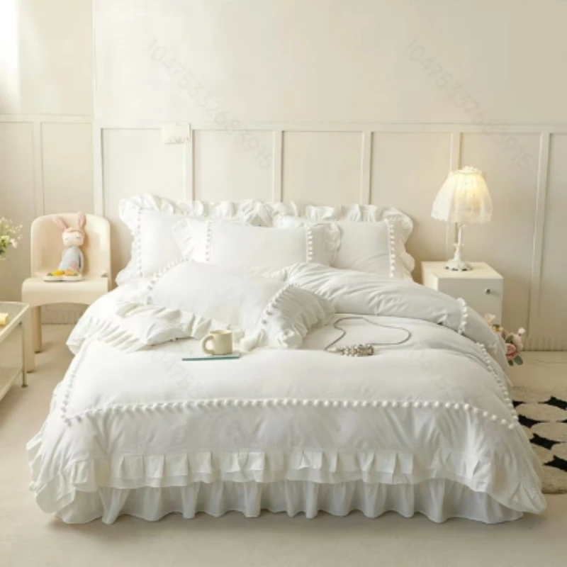 Off White Pom Pom Decor Duvet Cover Set, Girl Style Double Ruffle 3Pcs Bedding Set Soft Skin Friendly, Single Double Queen King