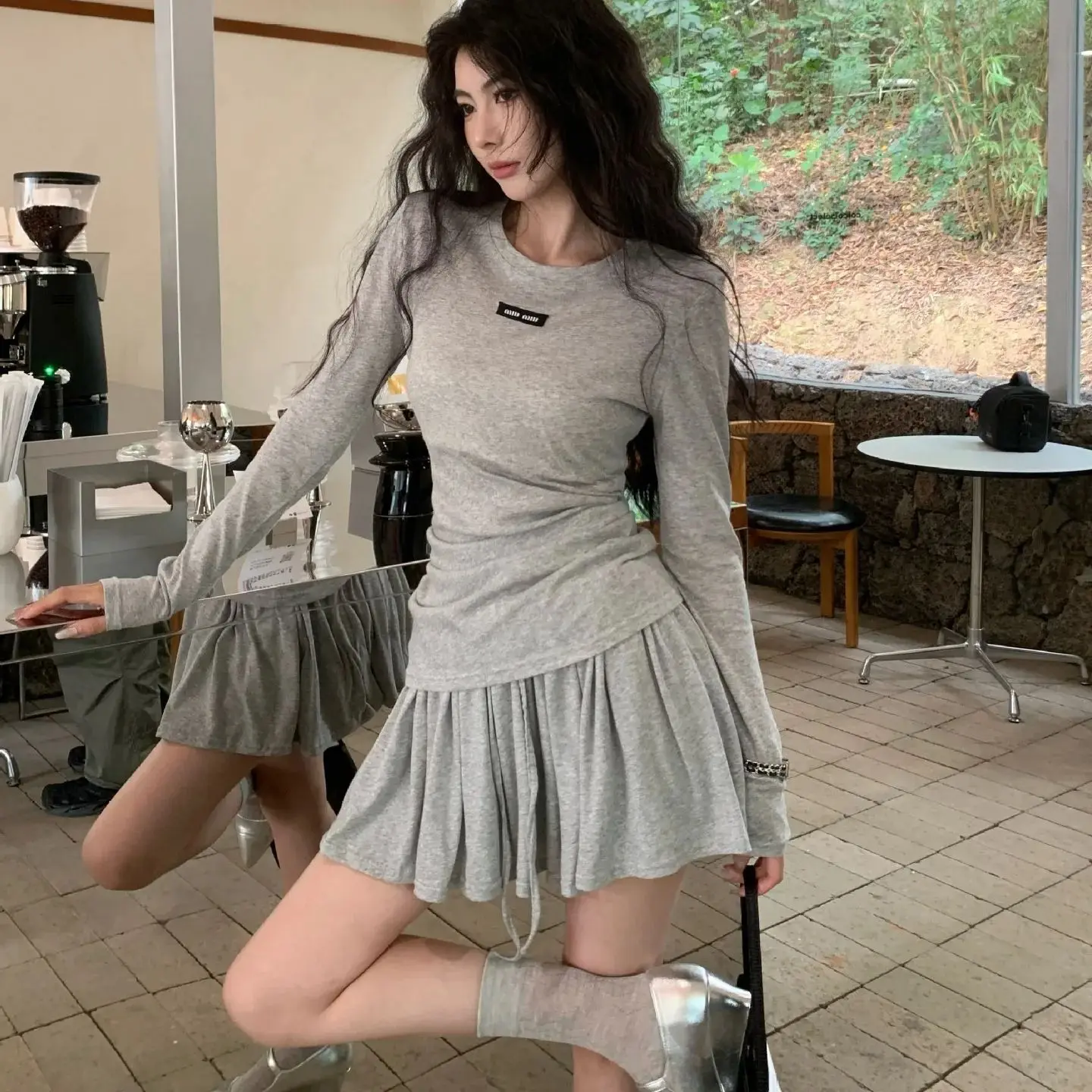 Loose lazy casual suit thin long-sleeved T-shirt + high waist solid color skirt See Through Women Slim Skinny Tops Pleated Skirt