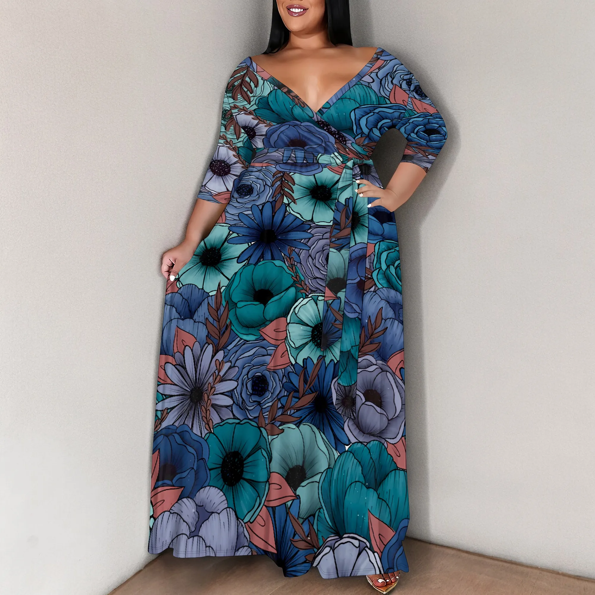 Grote maat maxi-jurk met V-hals, 3/4 mouwen, blauwe retro bloemenprint, lange jurk met riem voor vakantie of reizen