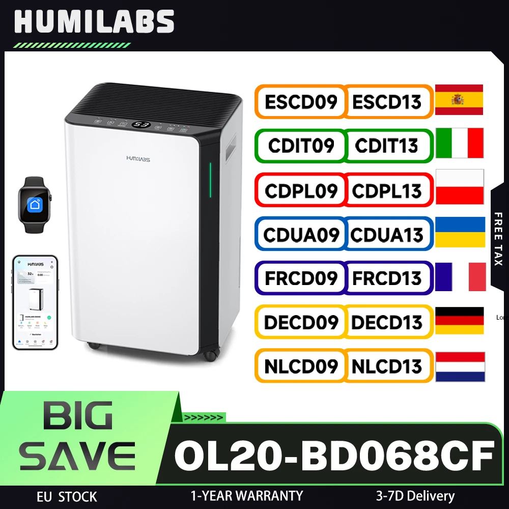 Déshumidificateur portable HUMILABS OL20-BD068CF, capacité de déshumidificateur 20 L, filtre amovible, réservoir 4,5 L et tuyau de vidange, 3 modes, Wi-Fi