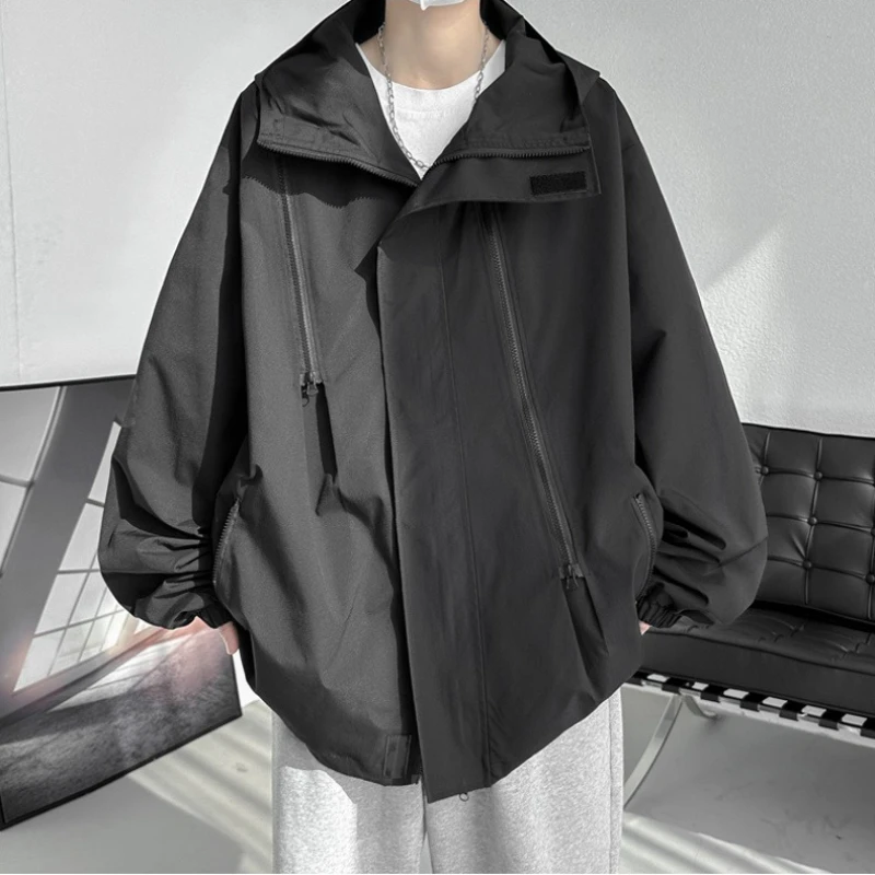 

Windbreakers Mens Outdoor Hiking Jacket Loose Casual Hooded Three Proof Multi Zipper High-quality Coat Windproof Male Tops