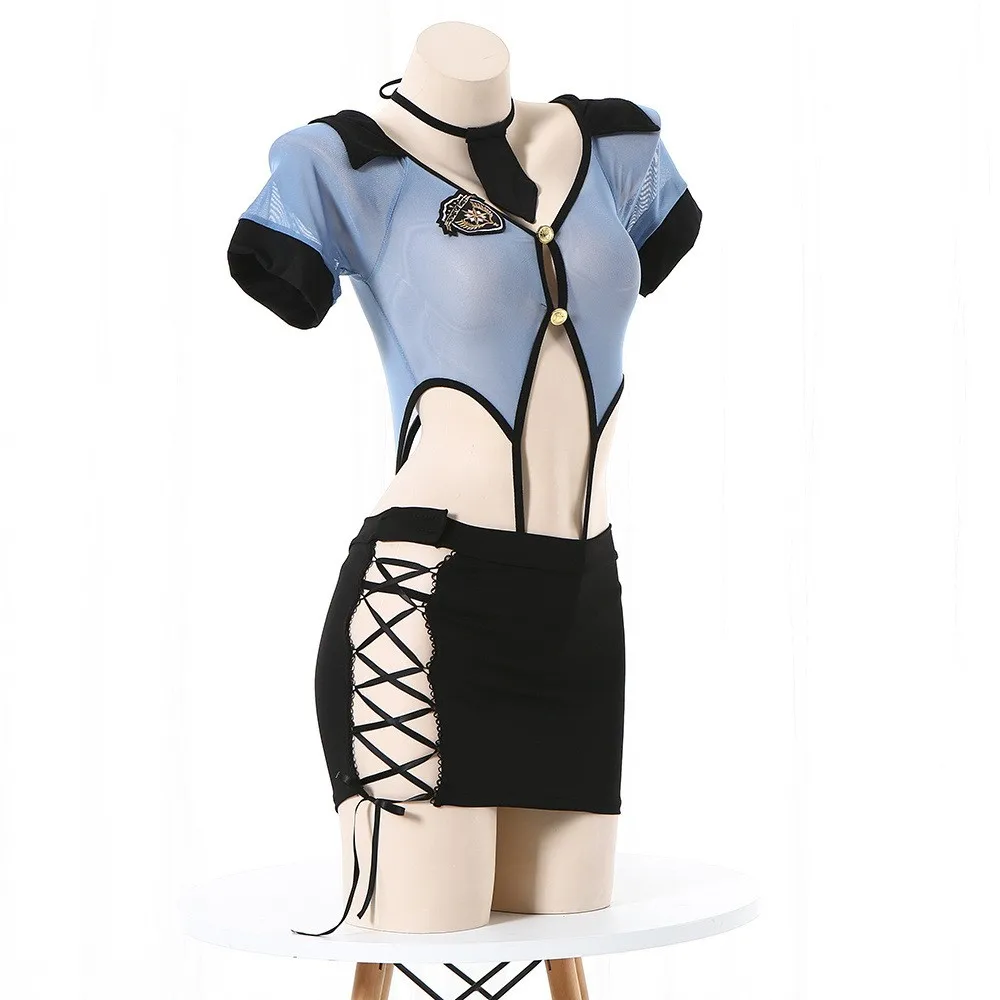

Sexy Lingerie Police Women Office Lady Cosplay Costume V-Neck Open Chest Fluoroscopy Bodysuit Flight Attendant Cute Skirt