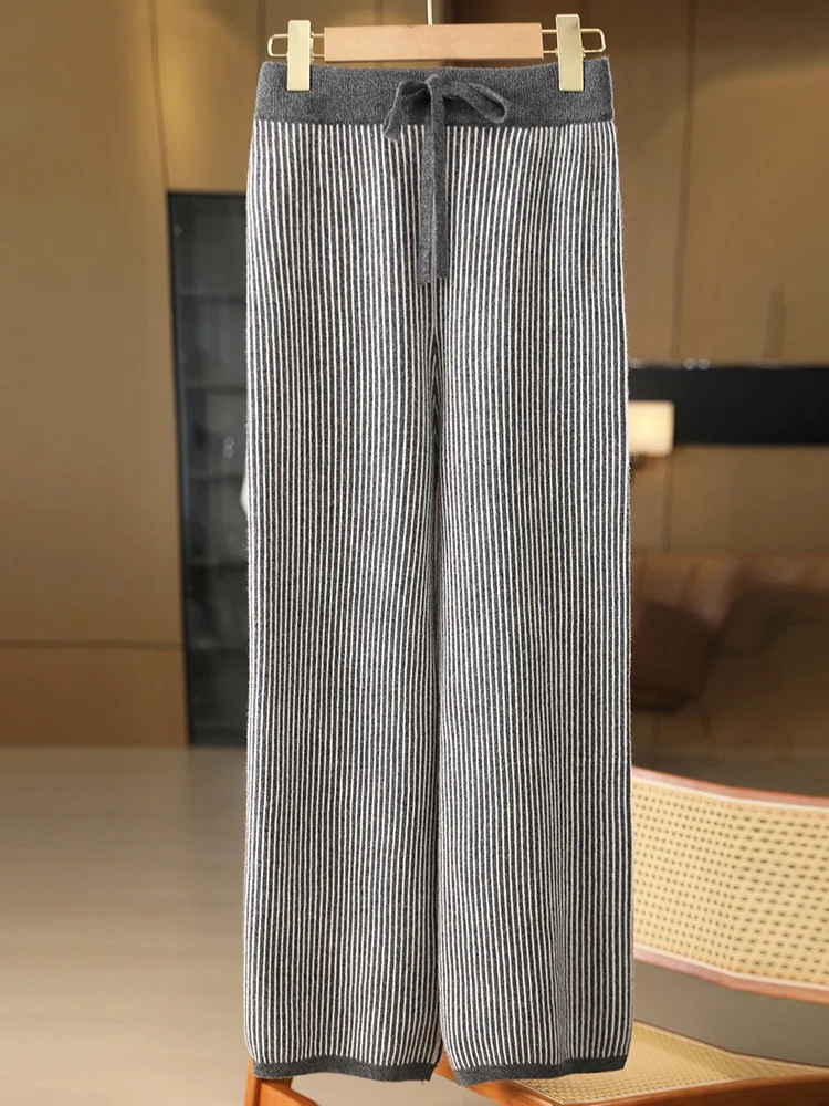 Women’s Wool Trousers Autumn Winter Cashmere Wide Leg Pants Elastic Waist Casual Contrast Striped Pants 100% Merino Wool Knitte