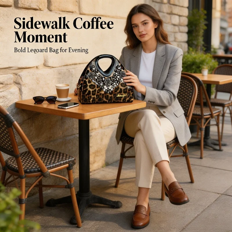 Women Leopard Print Tote Handbag Faux Leather Rhinestone Flower Decoration Hollow Top Handle Detachable Crossbody Shoulder Purse