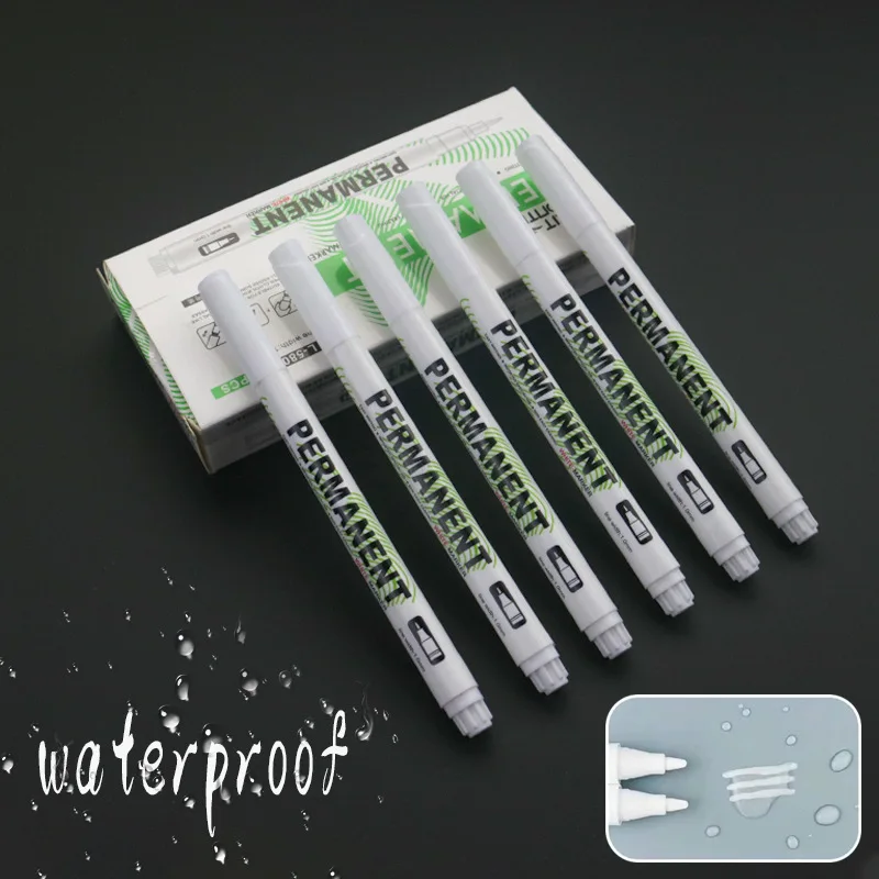 12 Packs of White Oily Marker Pens 1MM Refillable Ink Waterproof Non-fading Non-toxic Low Odor Painting Marking Pen