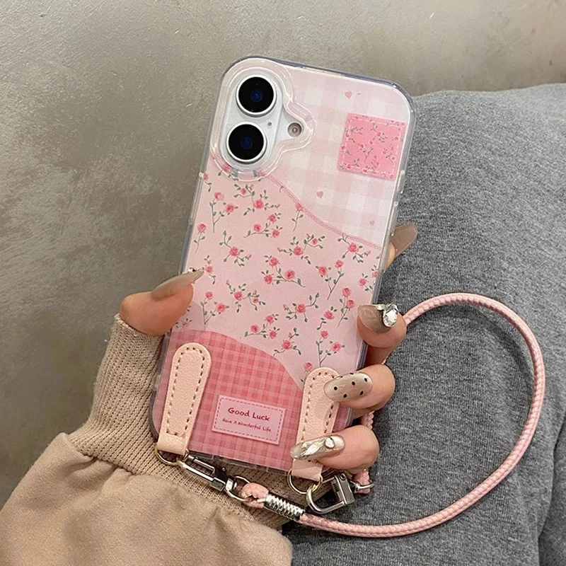 Grande buraco transparente ind rosa xadrez floral caso de telefone com cordão portátil rosa para iphone 11 12 13 14 15 16 pro max