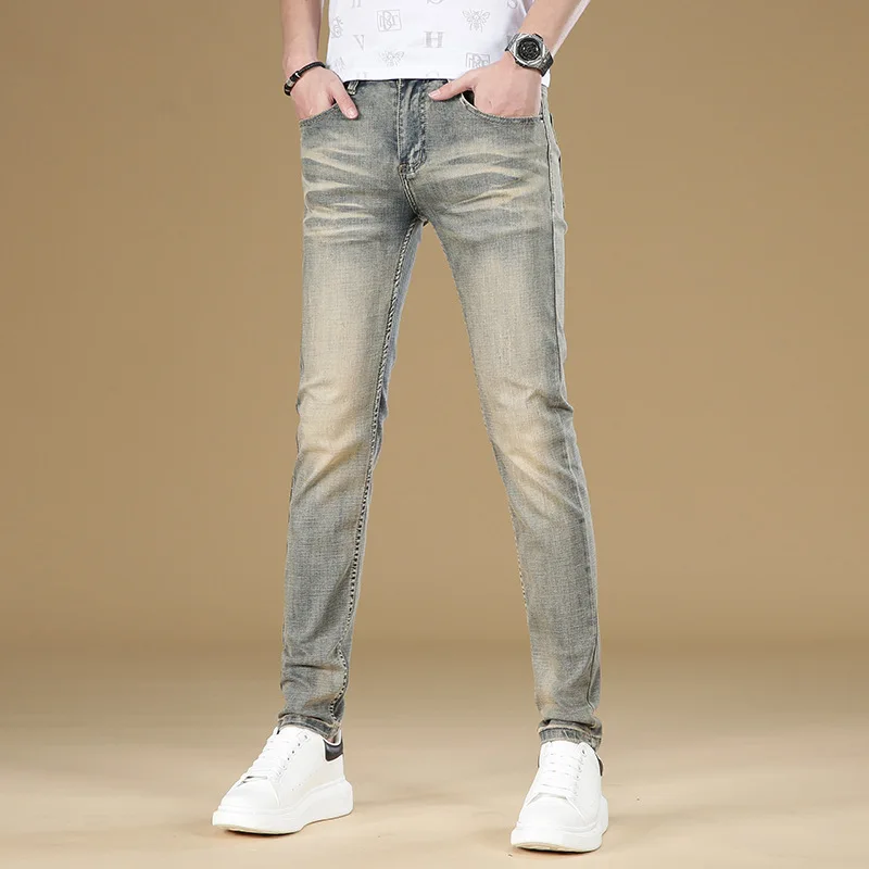 Retro Jeans Men's Simple Fashion Brand Slim Fit Skinny High-End Casual All-Match Stretch Worn Looking Washed-out Pants