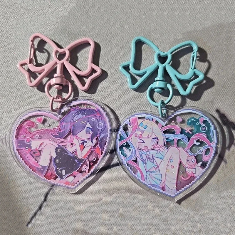 Game NEEDY GIRL OVERDOSE Rain Ame KAnge Cosplay Keychain Acrylic Key Chain Cartoon Figure Heart Pendant Keyring Accessories