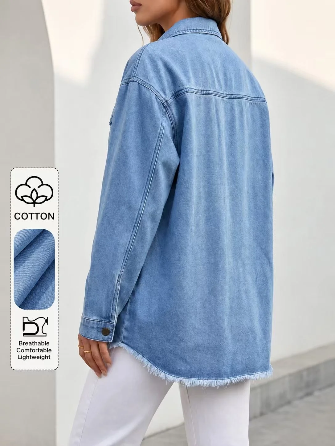 Women Oversized Denim Shirt Light Blue Cotton Button Down Jean Shacket Frayed Hem