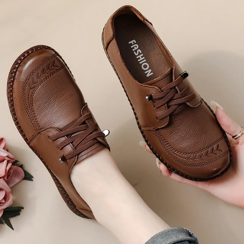 New Cowhide Retro Ethnic Style Women Shoes Comfortable Tendon Soft-Soled Mother Shoes Genuine Leather Thick-Soled Leather Shoes