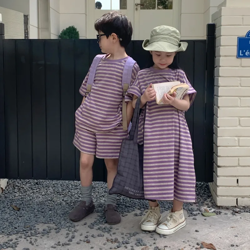 26 Spring Summer Children Brother Sister Outfits Boy Short Sleeve Panys 2Piece Set Girl Purple Stripe 1piece Skirt 3-16 Years
