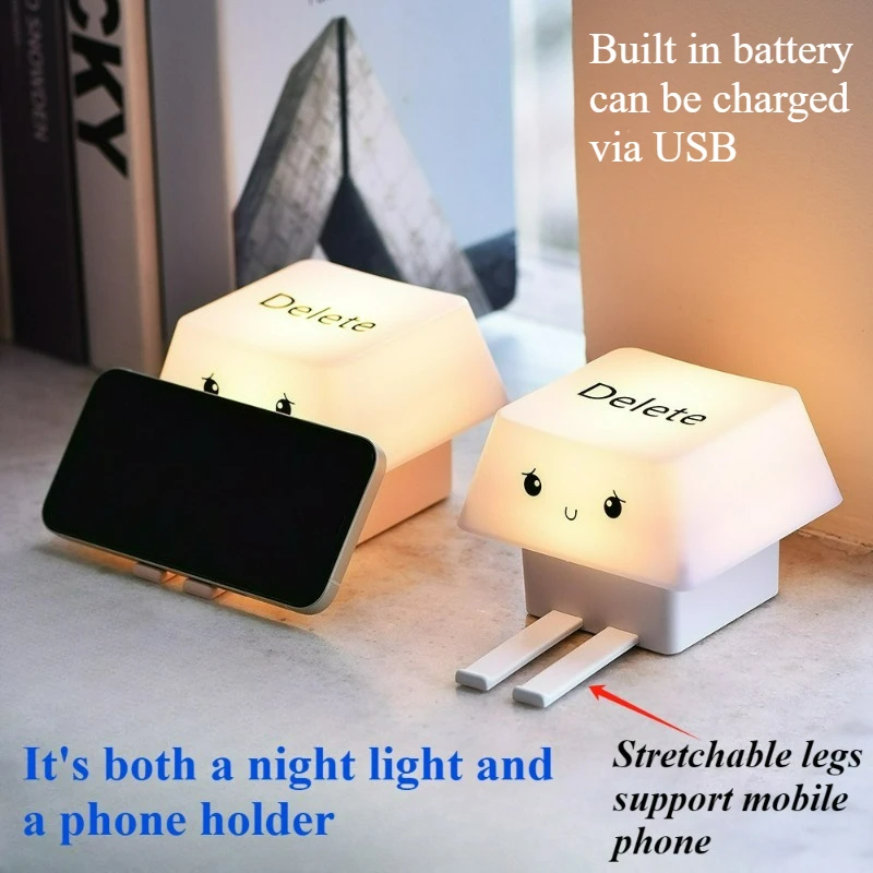 Cute Delete Keycap Mood Light Decompression Creative Retractable Phone Holder USB Charging Home Bedroom Bedside Night Light