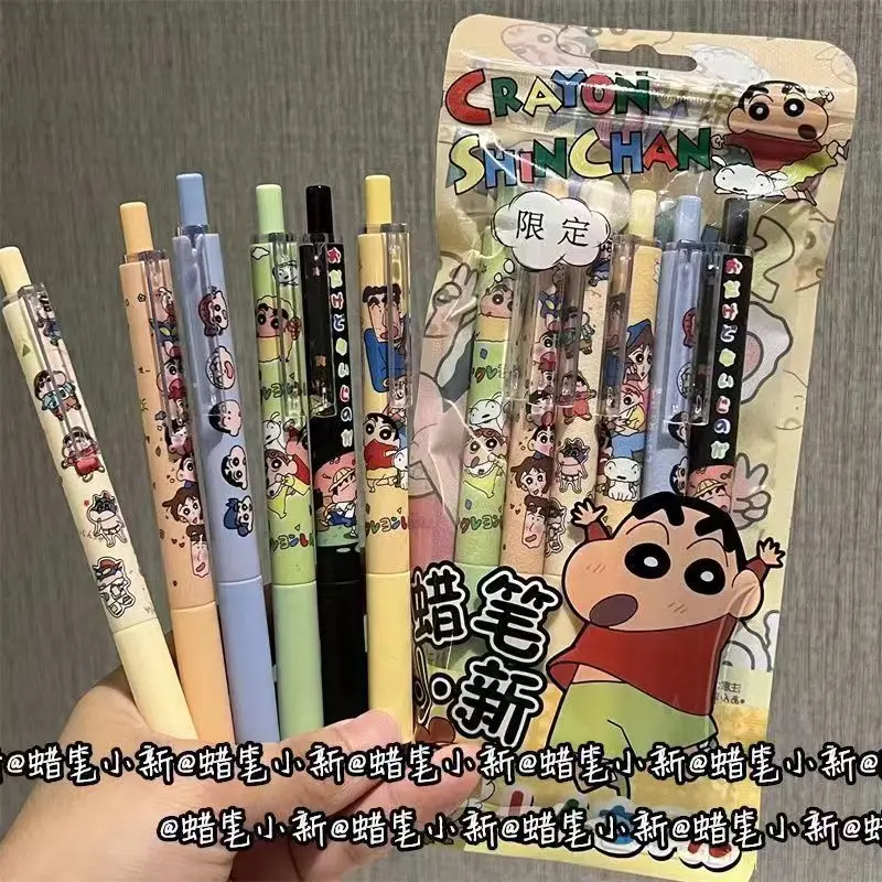 

6pcs Crayon Shin Chan Neutral Pen Cartoon Ins Style High appearance Girl's heart smooth black Super soft carbon pen student gift