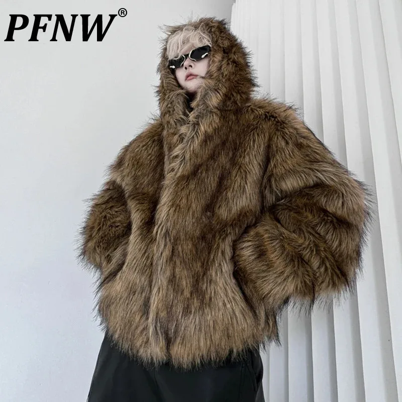 PFNW 2024 Trendy Solid Color Hooded Covered Button Loose Men's Faux Fur Winter New Thicked Warm Cotton Coat Niche Jacket 9C8106