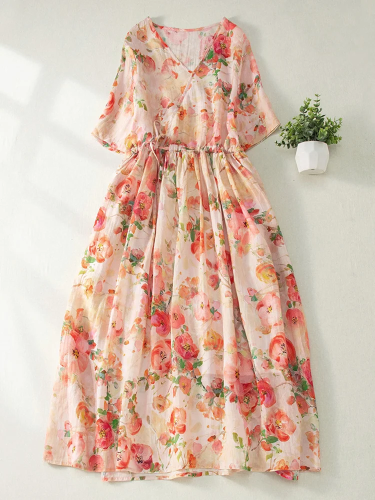 

Retro Japanese Sle Loose Fit Floral Print V-Ne ort Sve Cotton Linen Long Dr Ele Draped A-Line Summer Dr