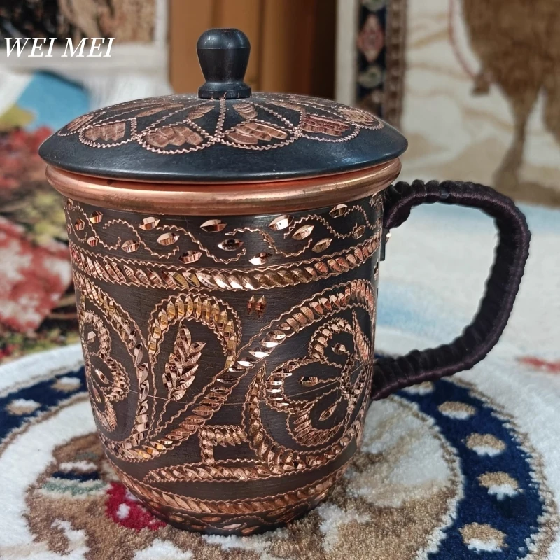 

Handcrafted Pattern Random Vintage Copper Coffee Mug,With lid Carving Unique Art Texture Breakfast Mug,Home Tea Cup Tableware