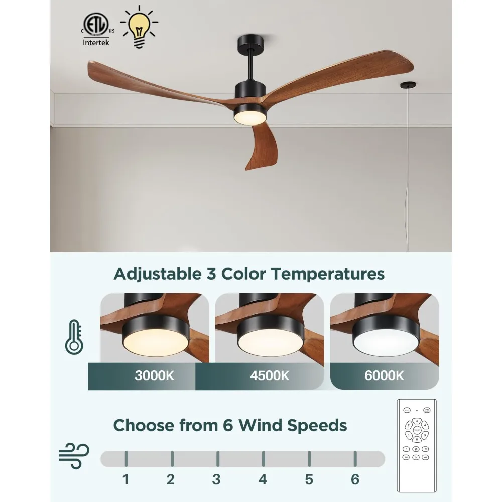 72 Inch Ceiling Fans with Lights and Remote Control, Outdoor Ceiling Fan with Light, 3 Downrods, Black and Walnut