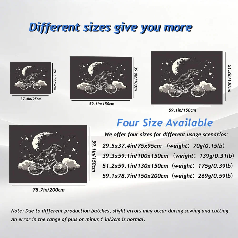 Dinosaur riding bicycle silhouette tapestry moon stars night sky cartoon retro illustration wall decor