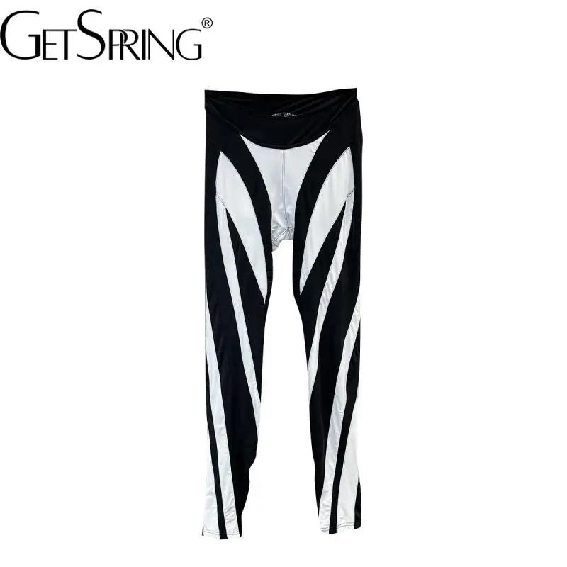 GetSpring Women leggings Pant Capris 2024 Color Matching Elastic Waist Slim Thin Long All Match Fashionable Bottoming Pants New