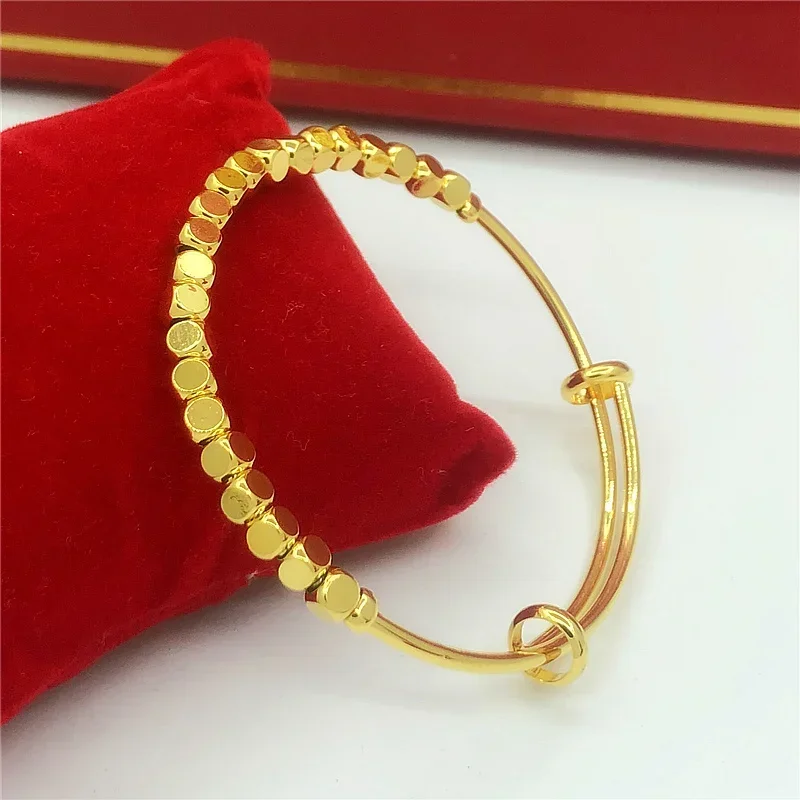 Bracelete estilo coreano banhado a ouro para mulheres, push-pull, miçangas sorte simples, 18k puro, ouro real 100% 24k, proibição feminina