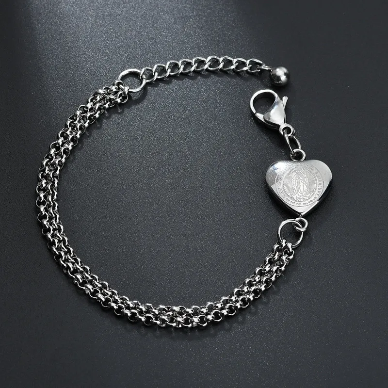 Catholic Guadalupe Virgin Mary Heart Bracelets Stainless Steel Double Layer Link Chain Pulseras Mujer Summer Jewelry