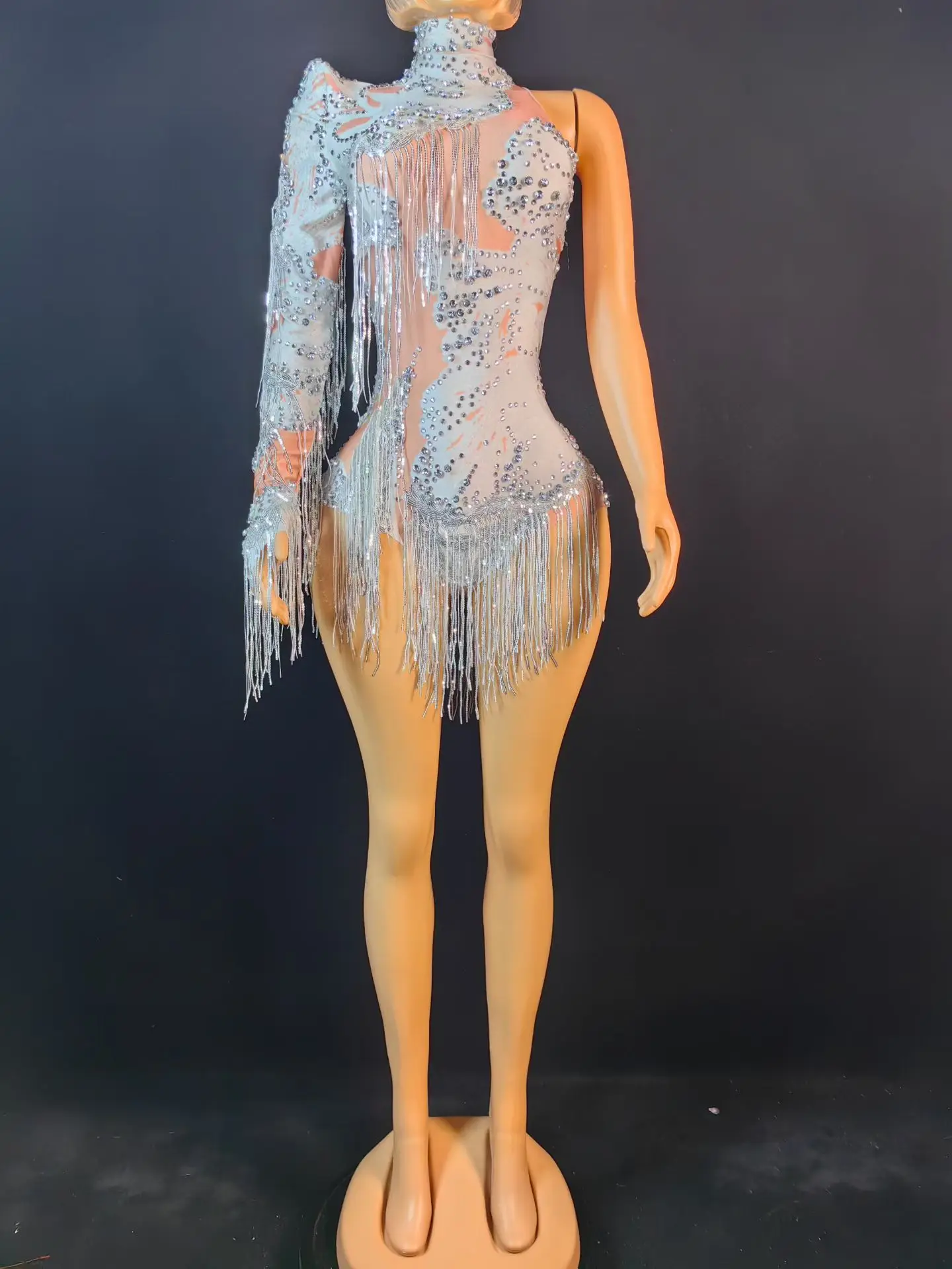 Sexy Spandex Elastic One Shoulder Bodysuit Sparkly Rhinestone Fringe Tight Fitting Bodysuit  Stage Nightclub Sexy Costume Duxiu