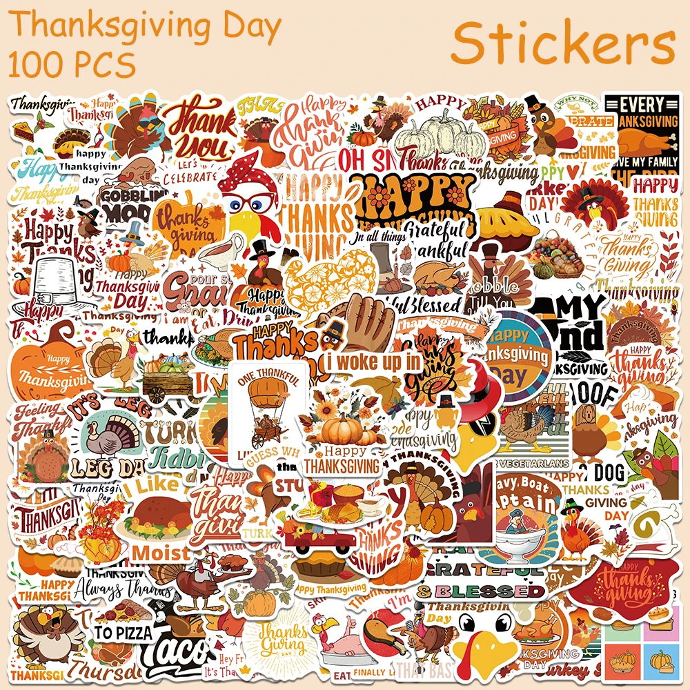 

50/100pcs Thanksgiving Day Turkey Stickers Decals For Phone Laptop Suitcase Skateboard Wall DIY Cartoon Aesthetic Stickers