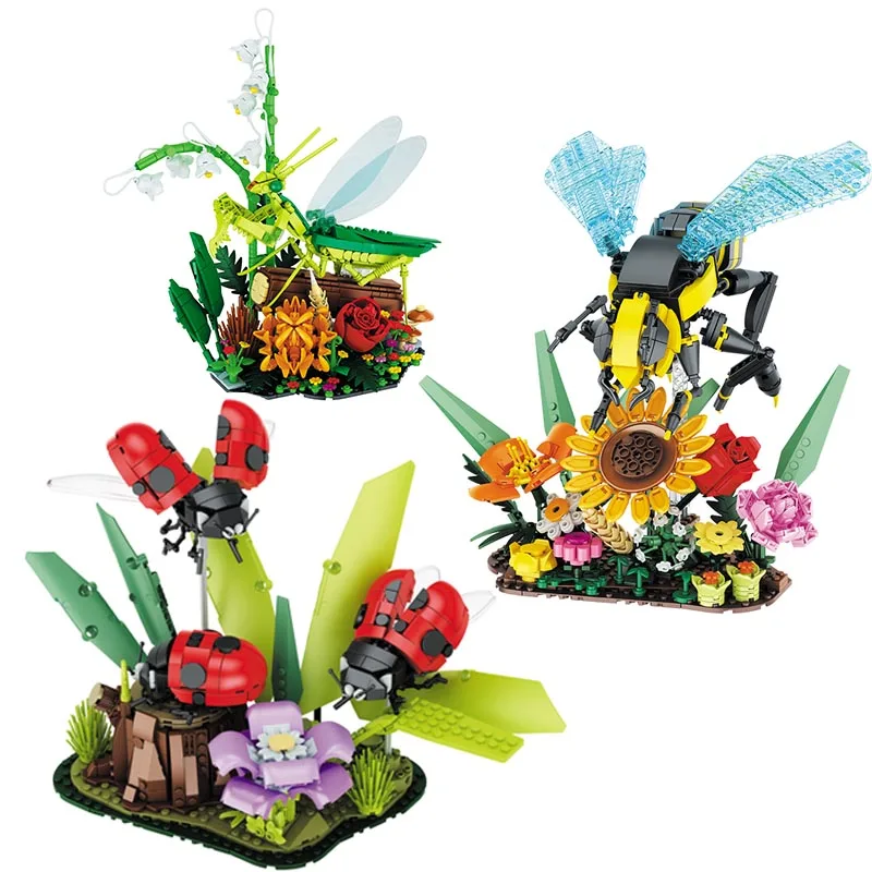 

Insect Flower Building Blocks Bee Ladybug Mantis Potted Model Bricks Creative Desktop Ornaments DIY Toys For Kids Birthday Gifts