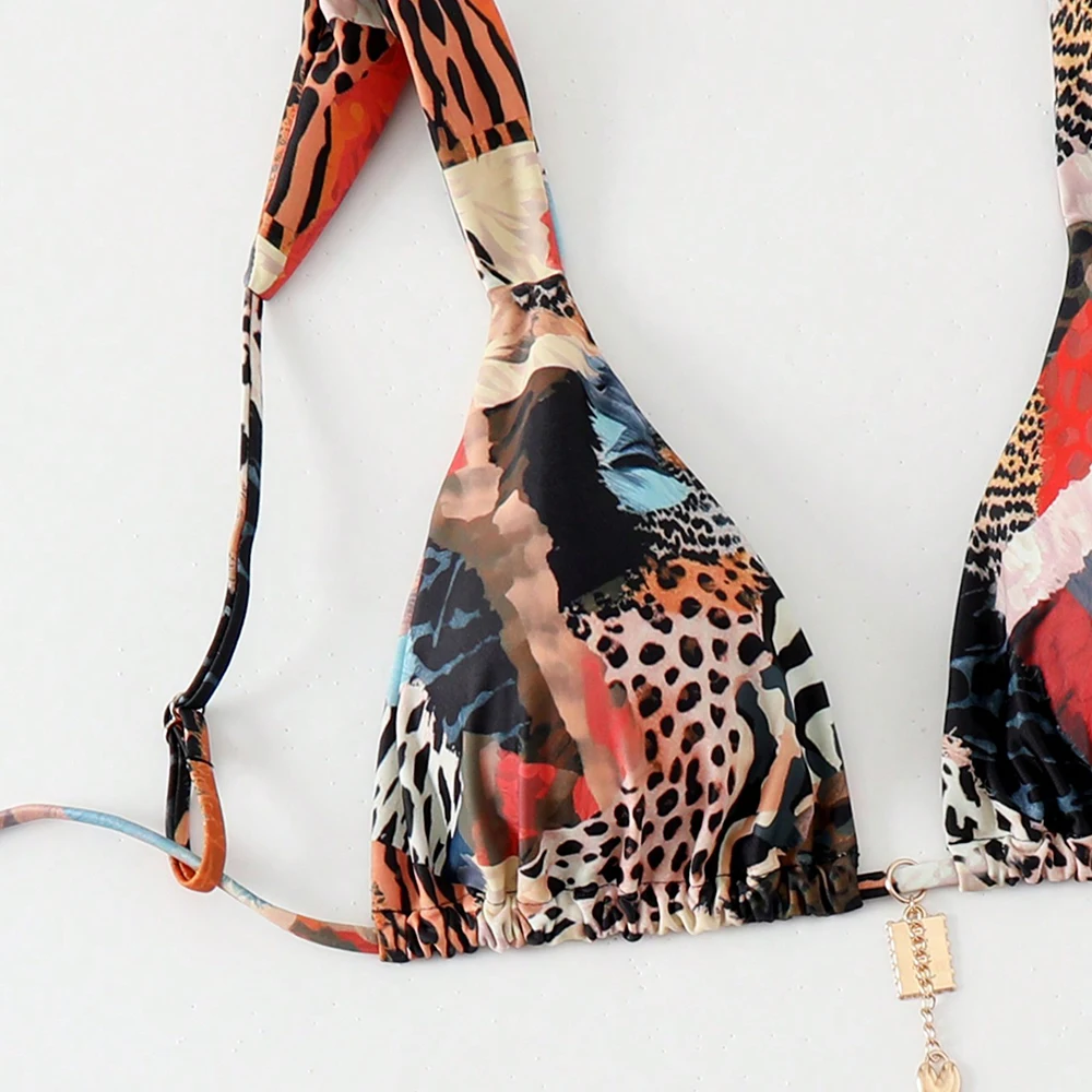 البيكينيات مجموعة قلادة قطعتين زخرفة المعادن مثلث ثونغ ملابس الصيف مثير المرقعة مجموعة للنساء #6